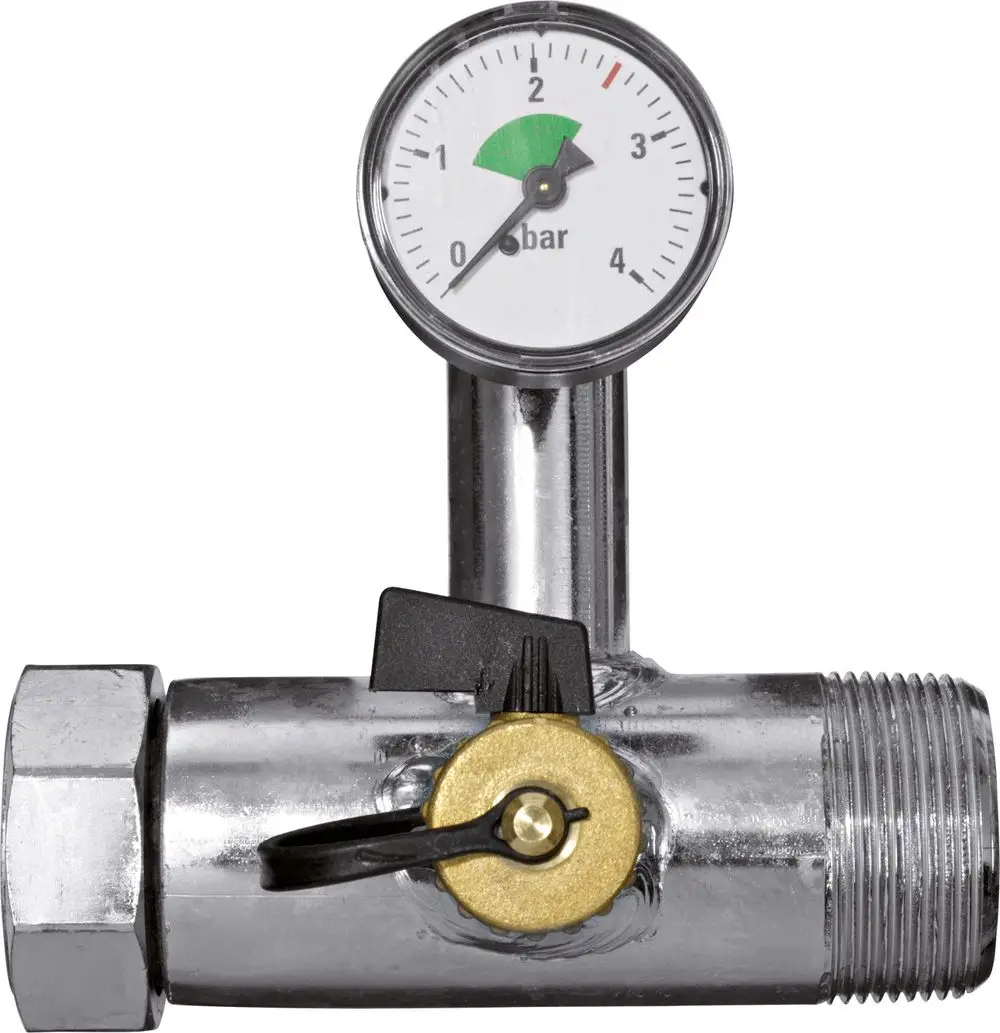 Füll- und Entleer-Set mit Druckminderer und Manometer, verchromte Oberfläche, geeignet für Installationen, hergestellt von Bosch.